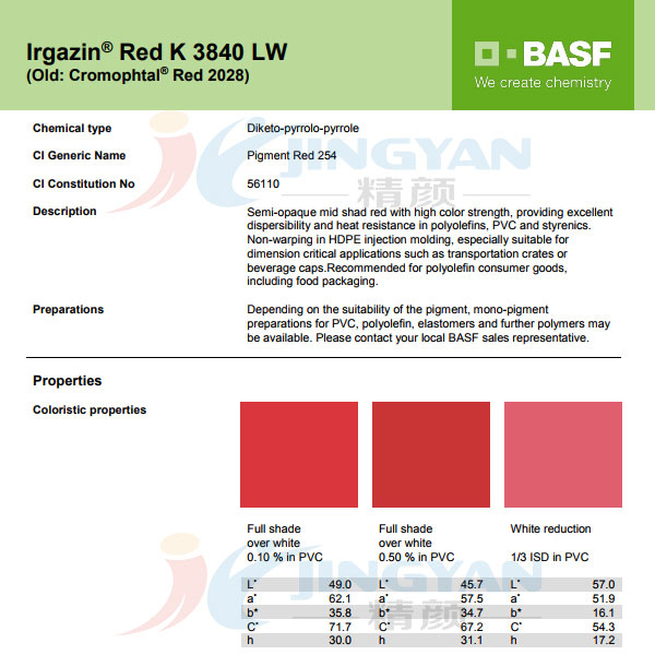 巴斯夫艷佳鮮K3840LW吡咯並吡咯二酮DPP顏料紅254