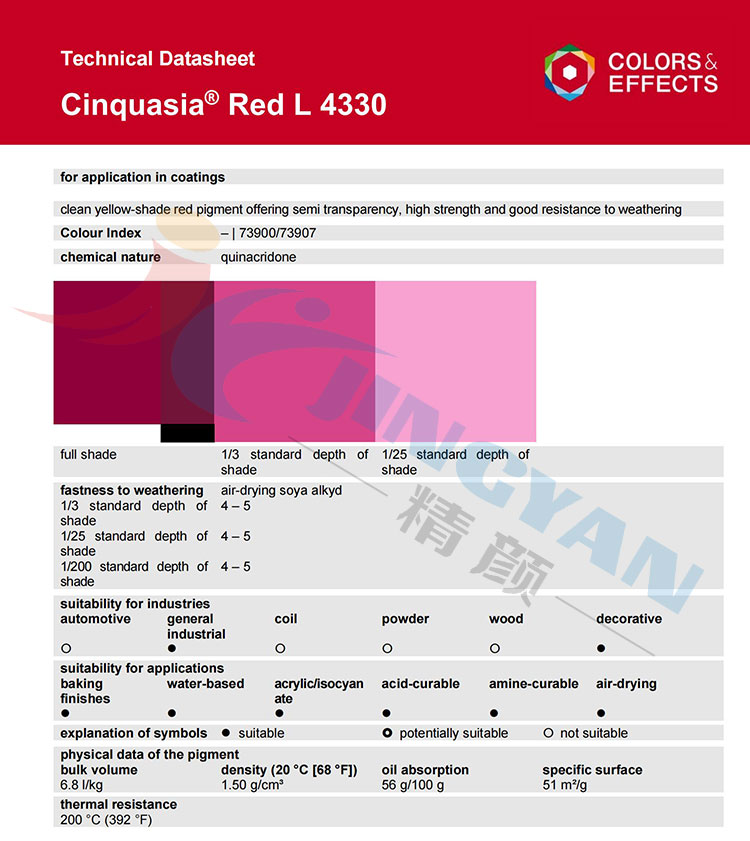 巴斯夫鮮貴色L4330涂料用喹吖啶酮顏料有機(jī)顏料TDS報告