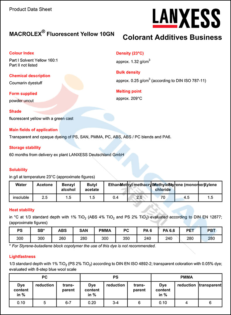 朗盛10GN黃熒光染料數(shù)據(jù)表