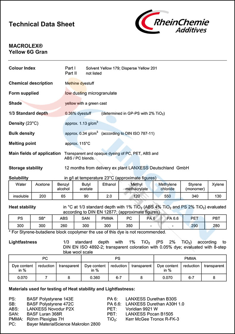 朗盛馬高列斯6G黃染料數據表1